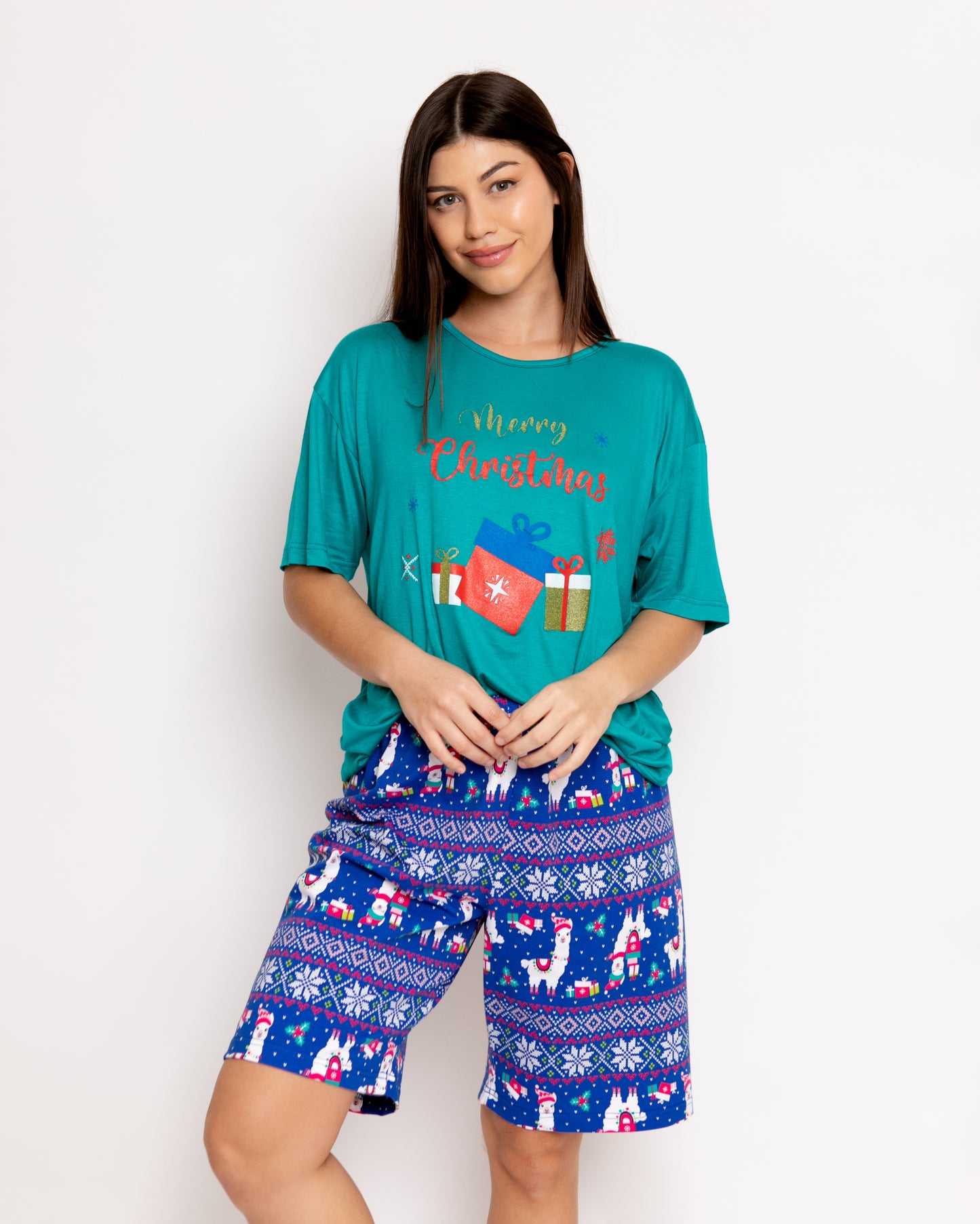Pijama Boxer Manga Corta Plus Size. Navideña.