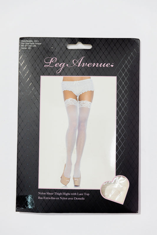 Leg Avenue Nylon Sheer Thigh Highs Lace Top — Blanco