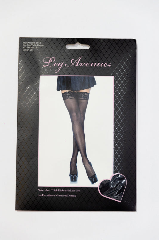 Leg Avenue Nylon Sheer Thigh Highs Lace Top — Negro