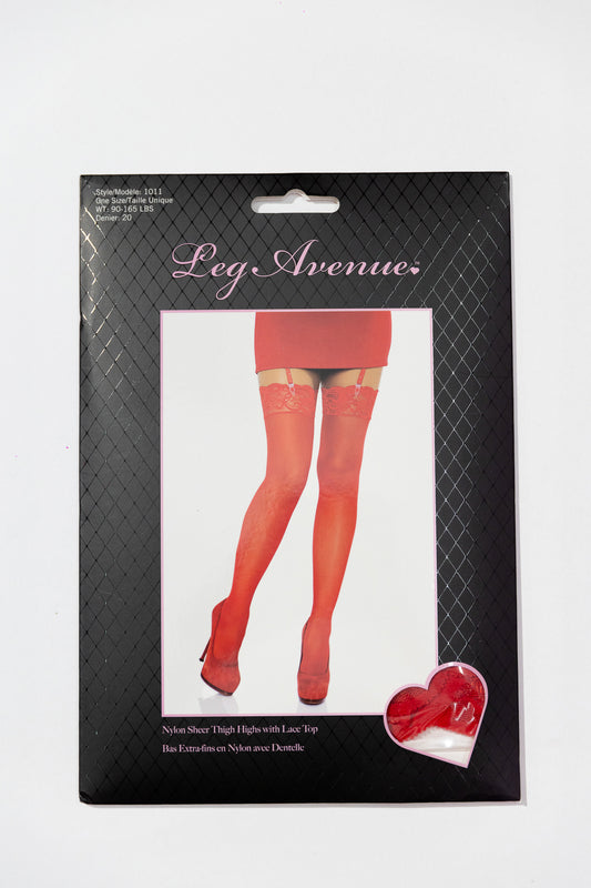 Leg Avenue Nylon Sheer Thigh Highs Lace Top — Rojo