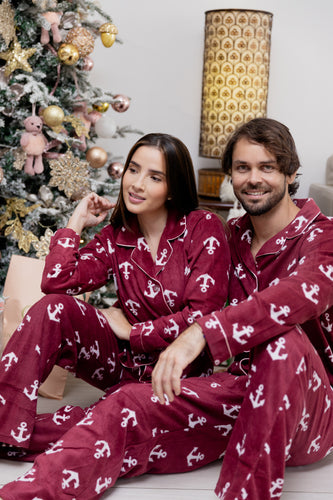 Pijama de Franela Unisex Anclas Vino. Christmas PJ's.